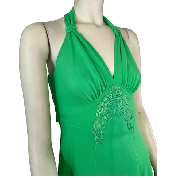 American vintage 70's Green Halter applique long belted dress X small - Picture 2 of 11